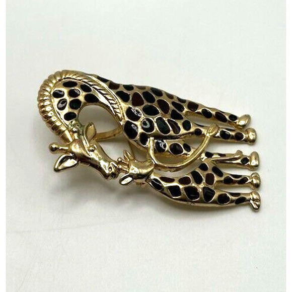 Vintage Gold Tone Black Brown Enamel Best Mother Giraffe Baby Calf Brooch Pin - Picture 5 of 13